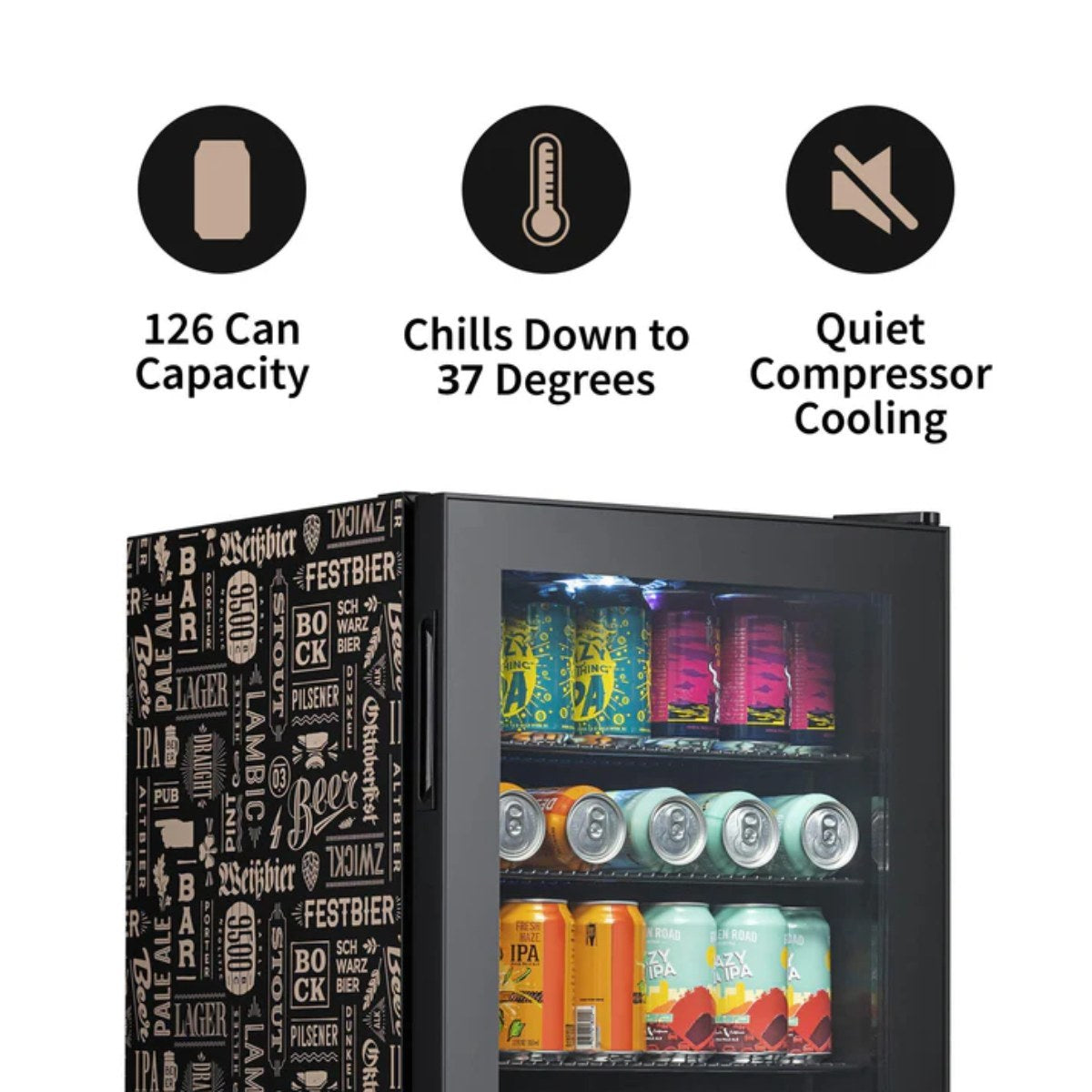 Newair 126-Can Freestanding Beers of the World Fridge with SplitShelf - Features of the fridge shown