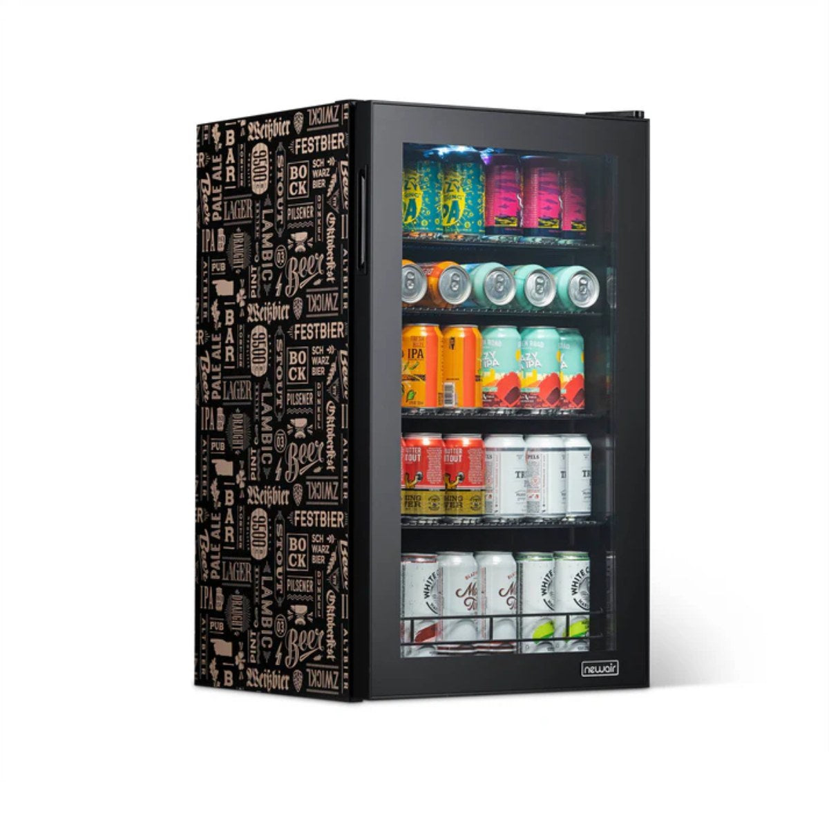 Newair 126-Can Freestanding Beers of the World Fridge with SplitShelf - Front left view loaded inside closed door