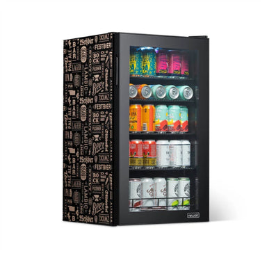 Newair 126-Can Freestanding Beers of the World Fridge with SplitShelf - Front left view loaded inside closed door
