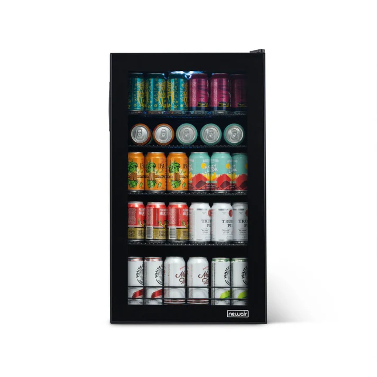 Newair 126-Can Freestanding Beers of the World Fridge with SplitShelf - Front view loaded inside closed door