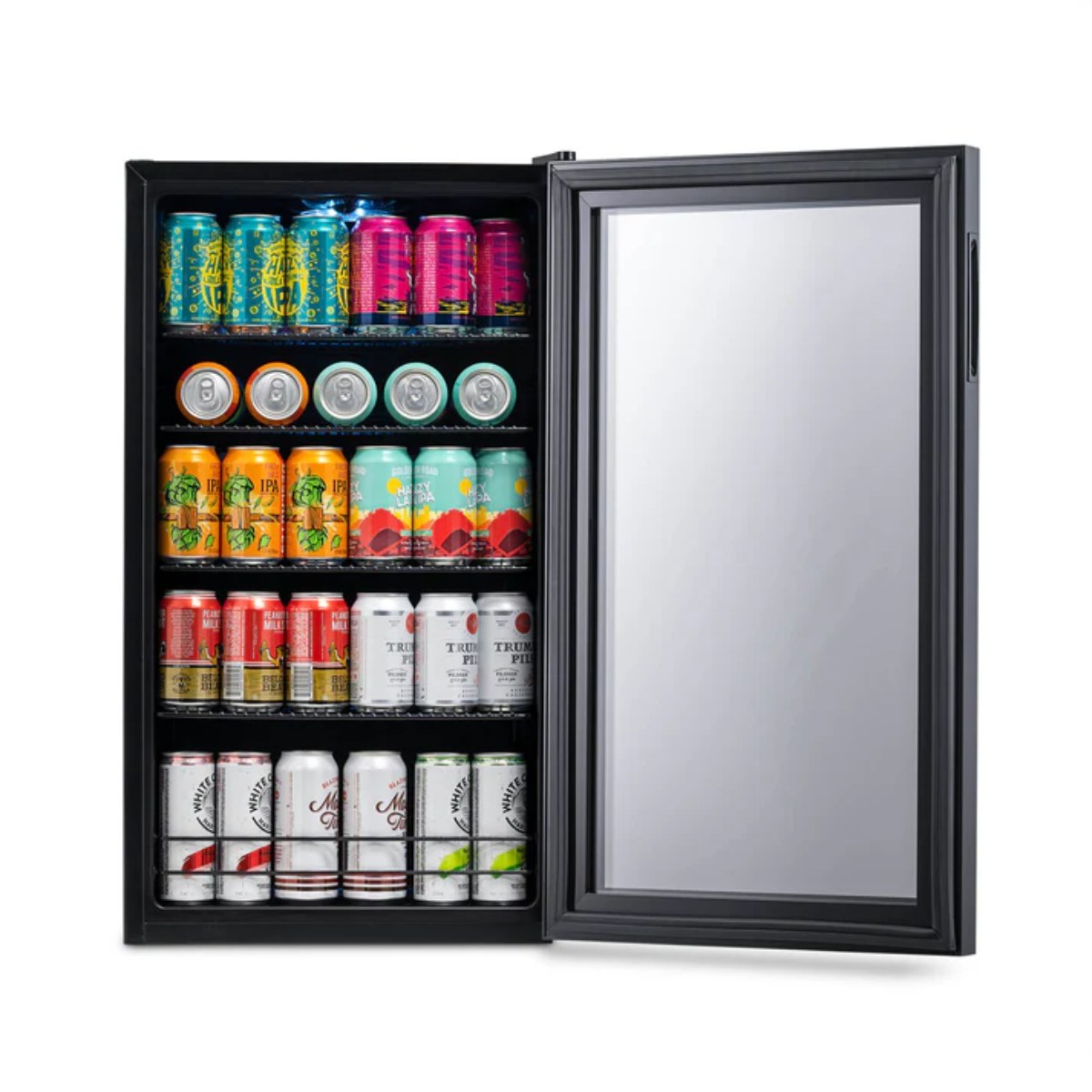 Newair 126-Can Freestanding Beers of the World Fridge with SplitShelf - Front view loaded inside open door