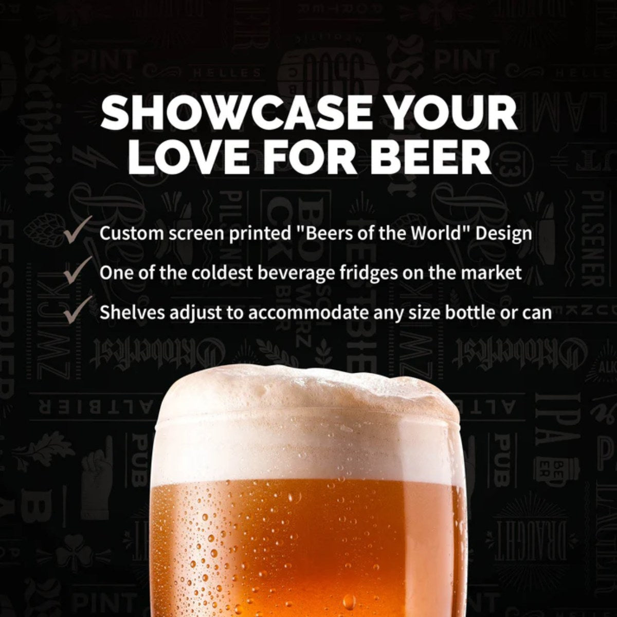 Newair 126-Can Freestanding Beers of the World Fridge with SplitShelf - Showcase your love for beer with beers of the world design