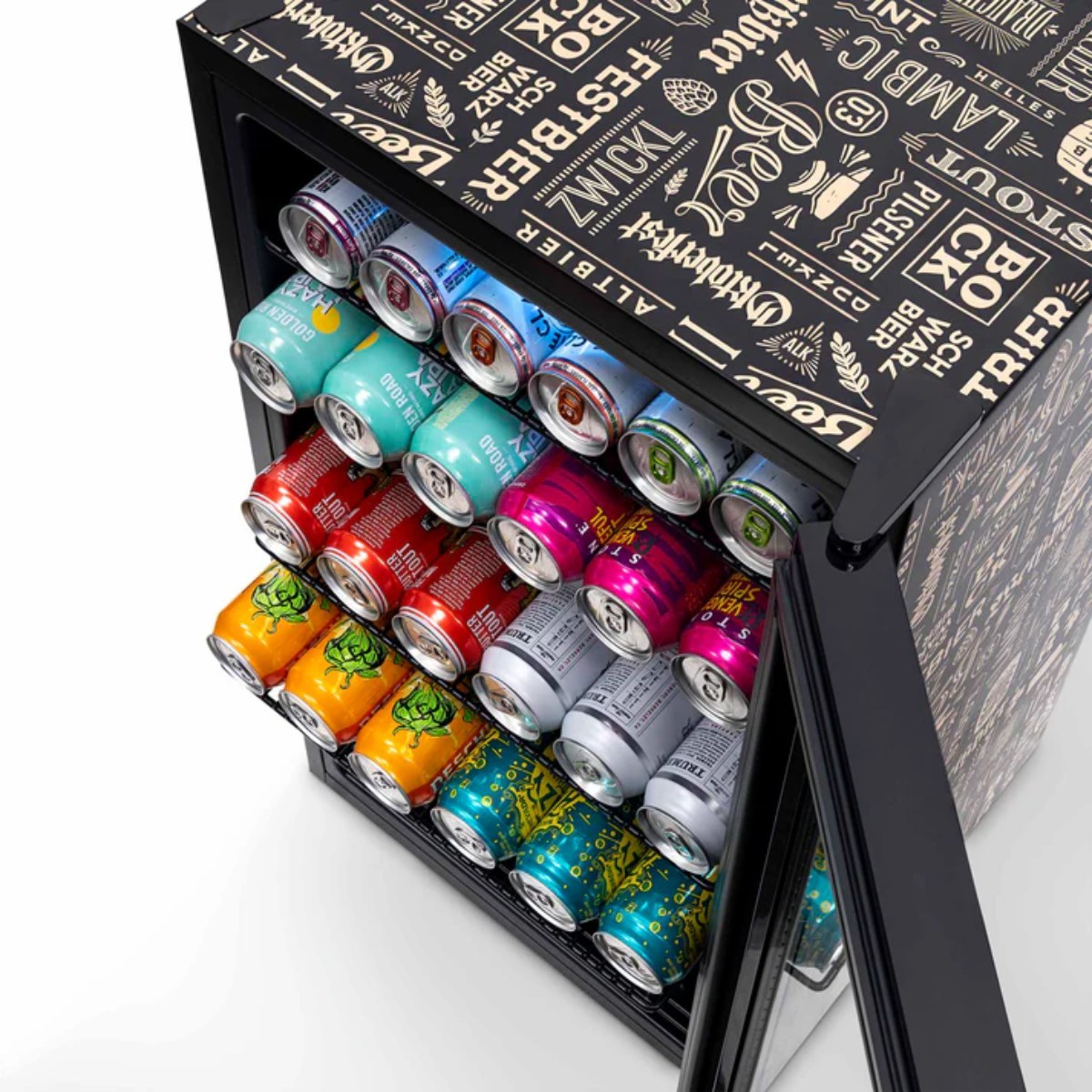 Newair 126-Can Freestanding Beers of the World Fridge with SplitShelf - Top view of the fridge showing shelves with beverage cans