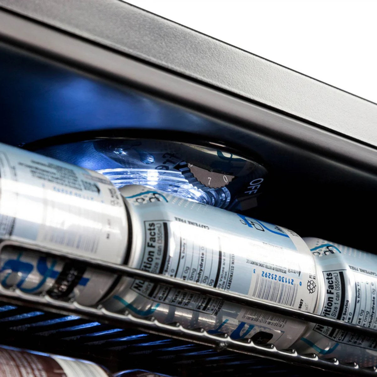 Newair 126-Can Freestanding Beverage Fridge – 19″ Black - Close up view of the thermostat control with LED lighting