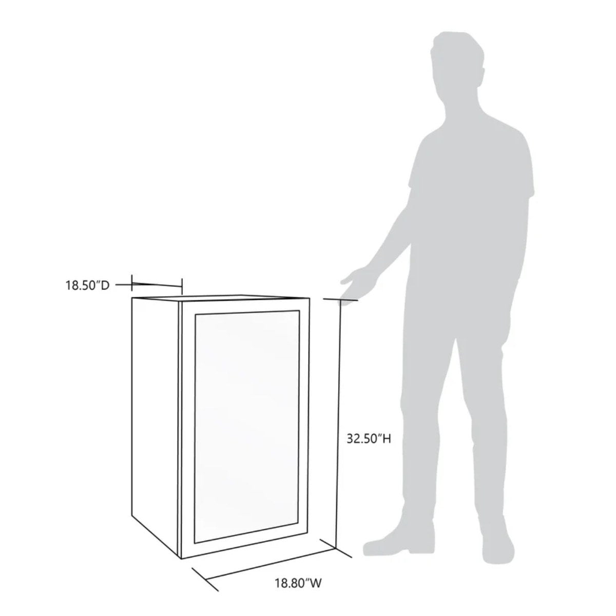 Newair 126-Can Freestanding Beverage Fridge – 19″ Black - Dimensions of the fridge with comparison of human height