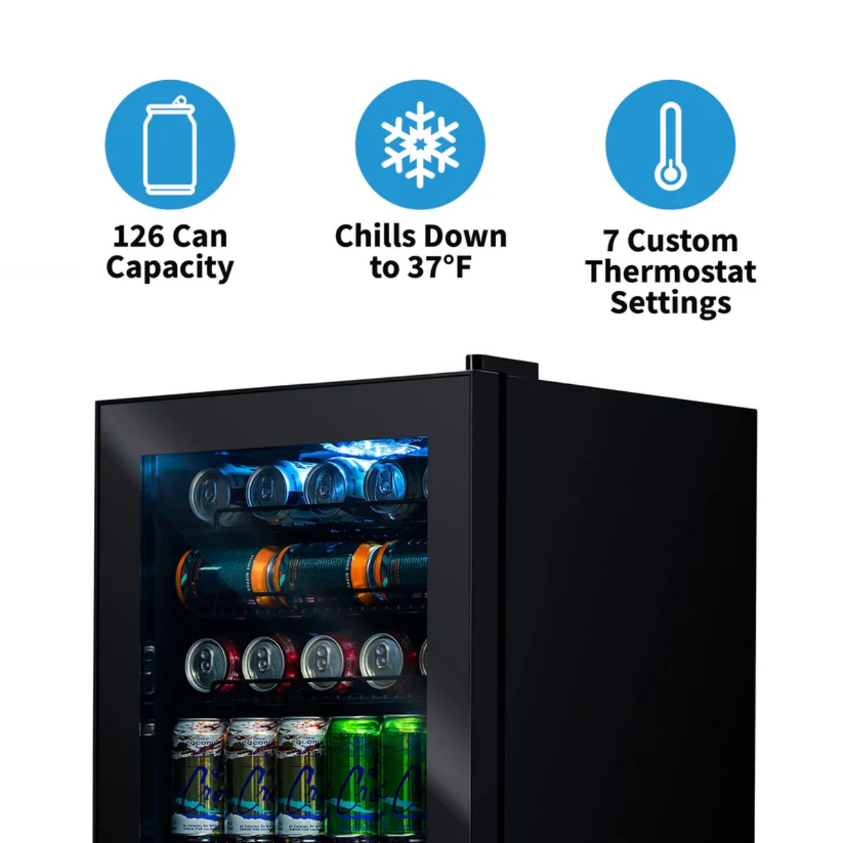 Newair 126-Can Freestanding Beverage Fridge – 19″ Black - Features of the fridge shown