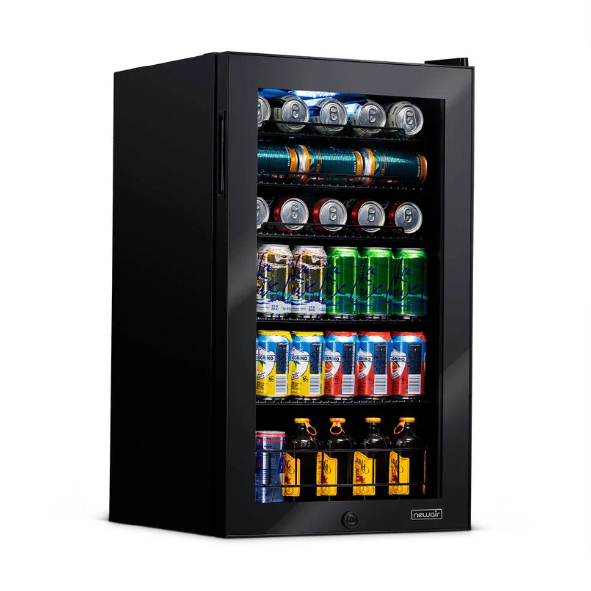 Newair 126-Can Freestanding Beverage Fridge – 19″ Black - Front Left view loaded inside closed fridge