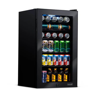Newair 126-Can Freestanding Beverage Fridge – 19″ Black - Front Left view loaded inside closed fridge