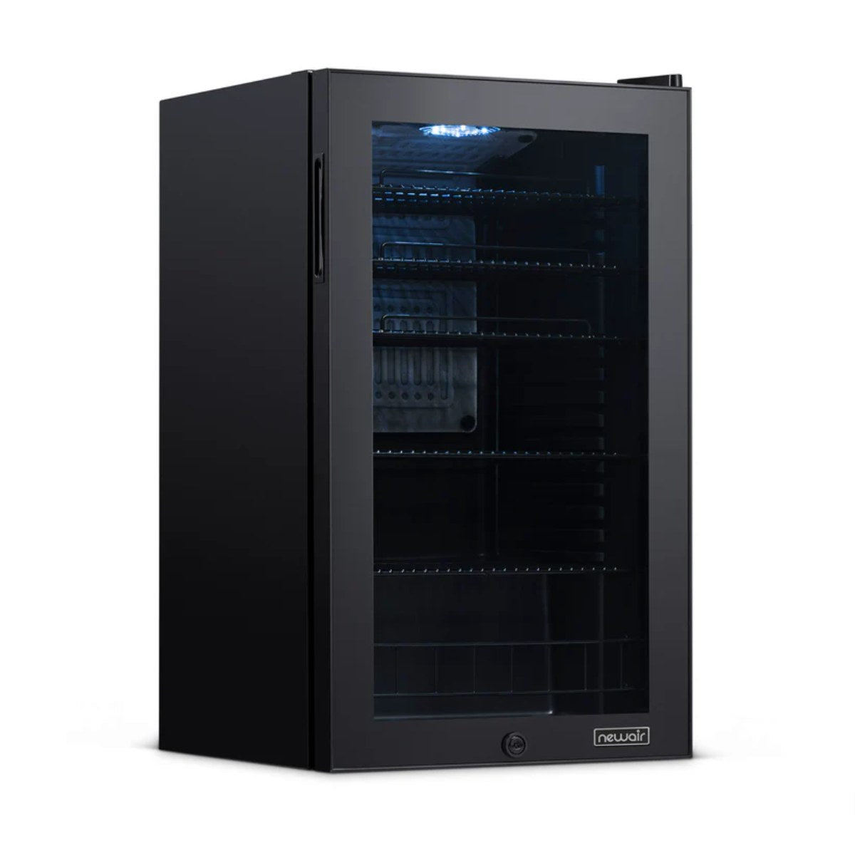 Newair 126-Can Freestanding Beverage Fridge – 19″ Black - Front left view empty inside closed door