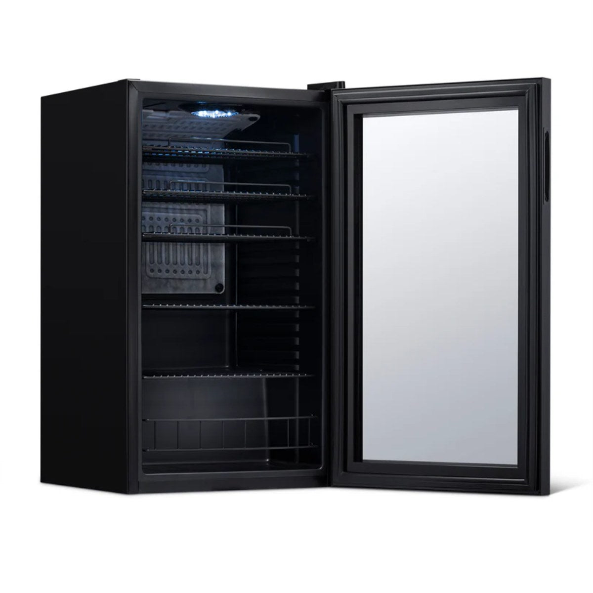 Newair 126-Can Freestanding Beverage Fridge – 19″ Black - Front left view empty inside open door