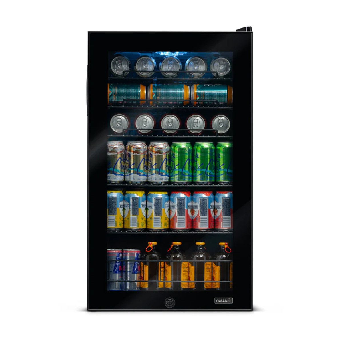 Newair 126-Can Freestanding Beverage Fridge – 19″ Black - Front view loaded inside closed door