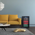 Newair 126-Can Freestanding Beverage Fridge – 19″ Black - fridge next to a yellow sofa in a modern living room with a grey rug