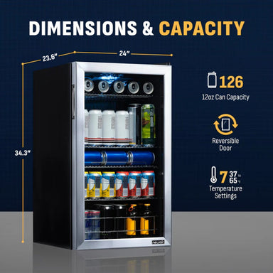 Newair 126 Can Freestanding Beverage Fridge – 18.9" Stainless Steel - Dimensions and capacity shown