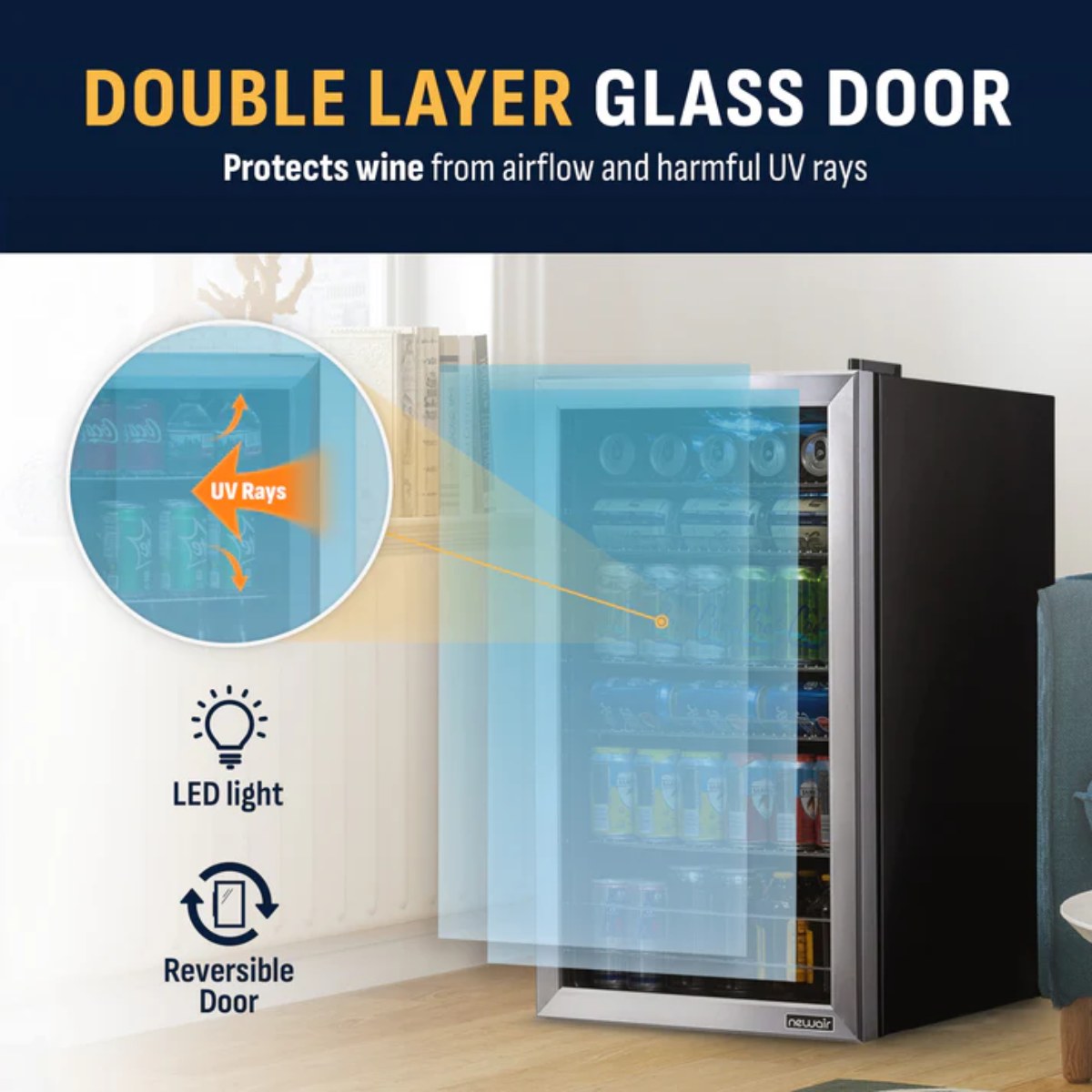 Newair 126 Can Freestanding Beverage Fridge – 18.9" Stainless Steel - Double Layer Glass Door