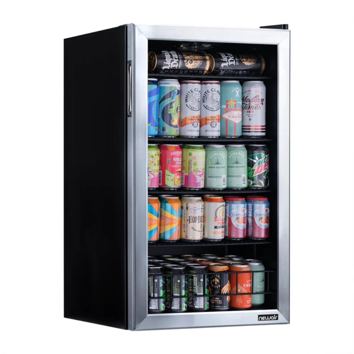 Newair 126 Can Freestanding Beverage Fridge – 18.9" Stainless Steel - Front left view with can beverages inside closed door