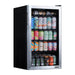 Newair 126 Can Freestanding Beverage Fridge – 18.9" Stainless Steel - Front left view with can beverages inside closed door