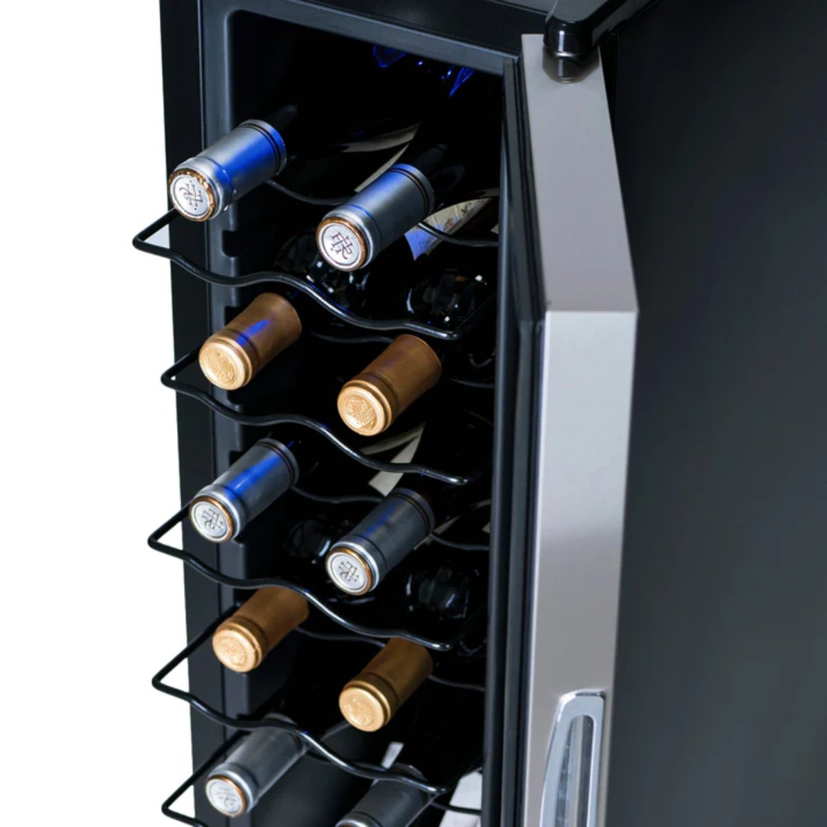 Newair 12 Bottle Freestanding Wine Fridge – 9.9" Stainless Steel - Close up view of the racks with wines