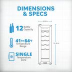 Newair 12 Bottle Freestanding Wine Fridge – 9.9" Stainless Steel - Dimensions and Specifications Shown