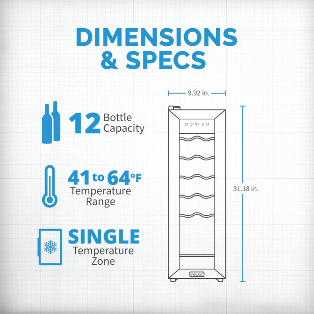 Newair 12 Bottle Freestanding Wine Fridge – 9.9" Stainless Steel - Dimensions and Specifications Shown