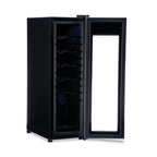 Newair 12 Bottle Freestanding Wine Fridge – 9.9" Stainless Steel - Front Left View - Empty Shelves - Open Door