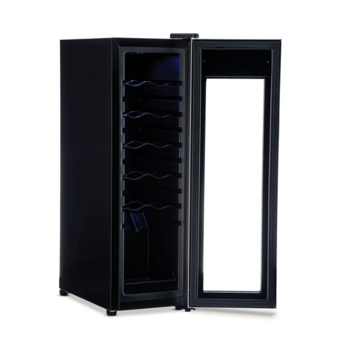 Newair 12 Bottle Freestanding Wine Fridge – 9.9" Stainless Steel - Front Left View - Empty Shelves - Open Door
