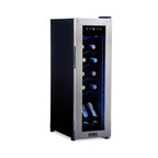 Newair 12 Bottle Freestanding Wine Fridge – 9.9" Stainless Steel - Front Left View - Loaded Shelves - Closed Door