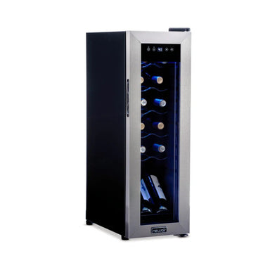 Newair 12 Bottle Freestanding Wine Fridge – 9.9" Stainless Steel - Front Left View - Loaded Shelves - Closed Door