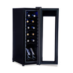 Newair 12 Bottle Freestanding Wine Fridge – 9.9" Stainless Steel - Front Left View - Loaded Shelves - Open Door