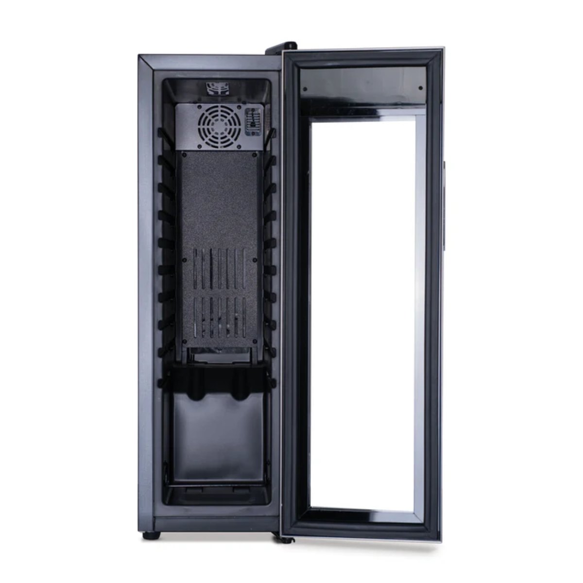 Newair 12 Bottle Freestanding Wine Fridge – 9.9" Stainless Steel - Front View - Empty Inside - Open Door