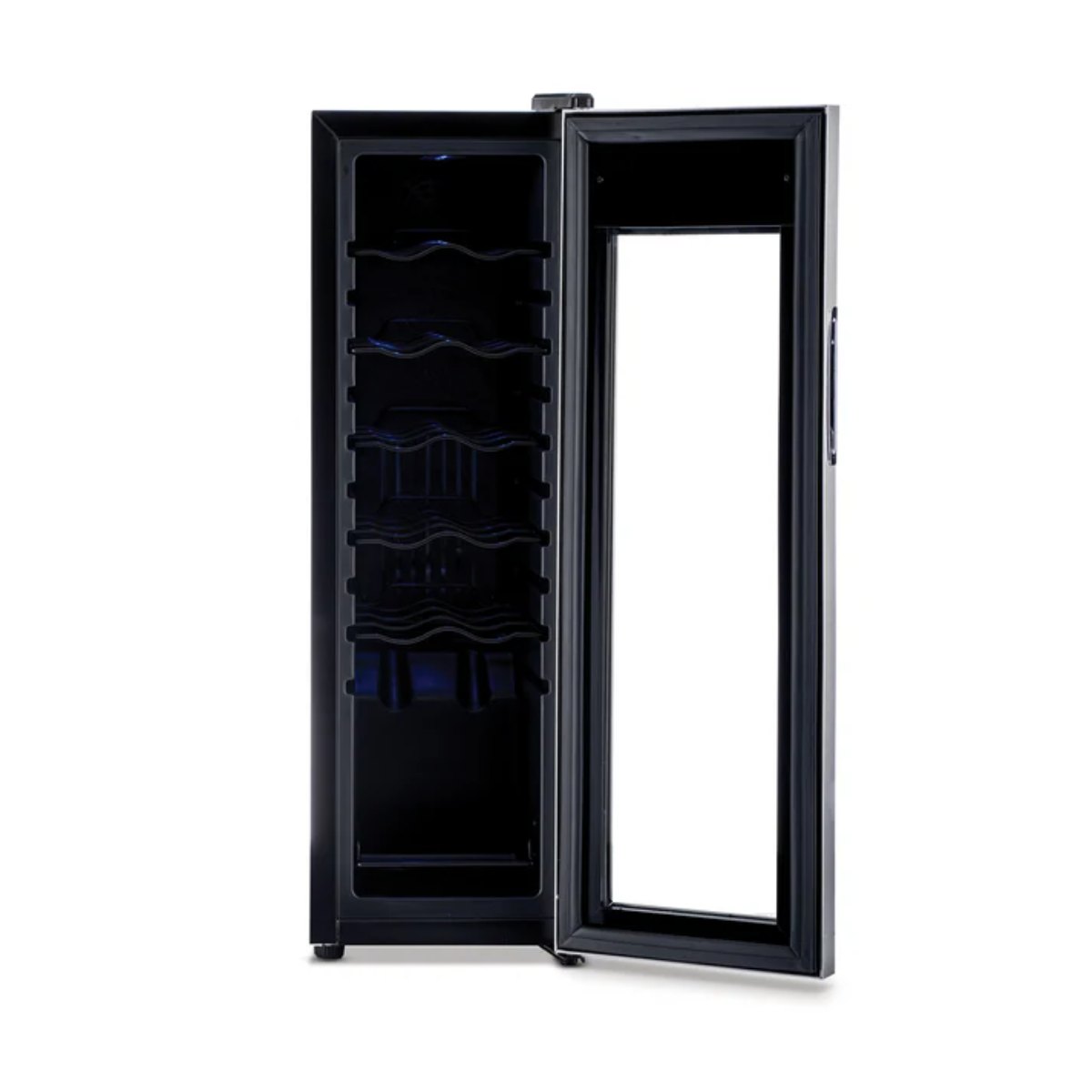 Newair 12 Bottle Freestanding Wine Fridge – 9.9" Stainless Steel - Front View - Empty Shelves - Open Door