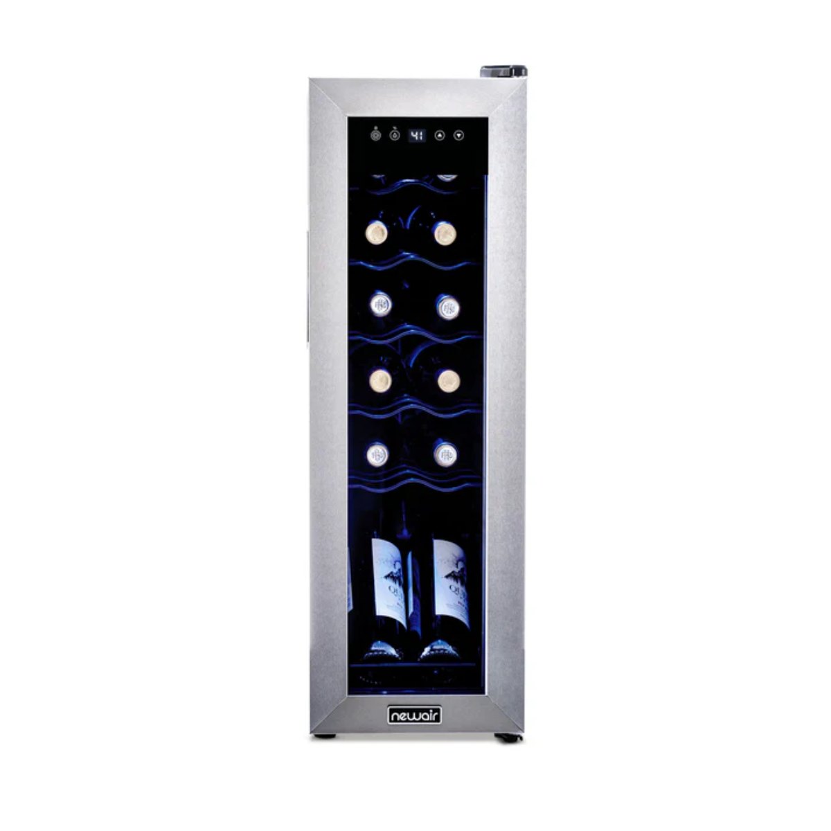 Newair 12 Bottle Freestanding Wine Fridge – 9.9" Stainless Steel - Front View - Loaded Shelves - Closed Door