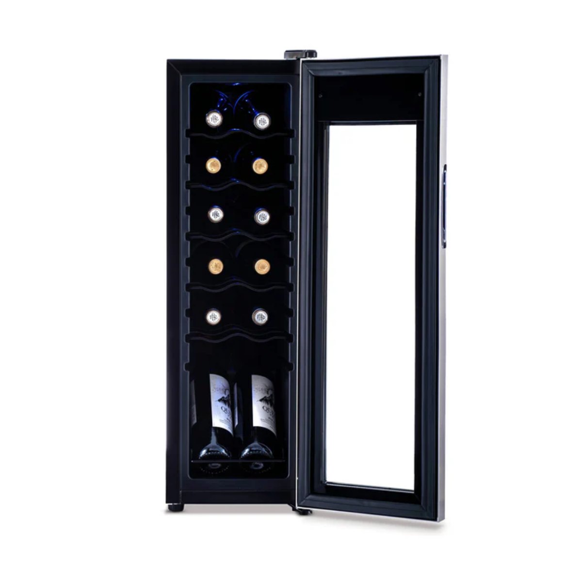 Newair 12 Bottle Freestanding Wine Fridge – 9.9" Stainless Steel - Front View - Loaded Shelves - Open Door