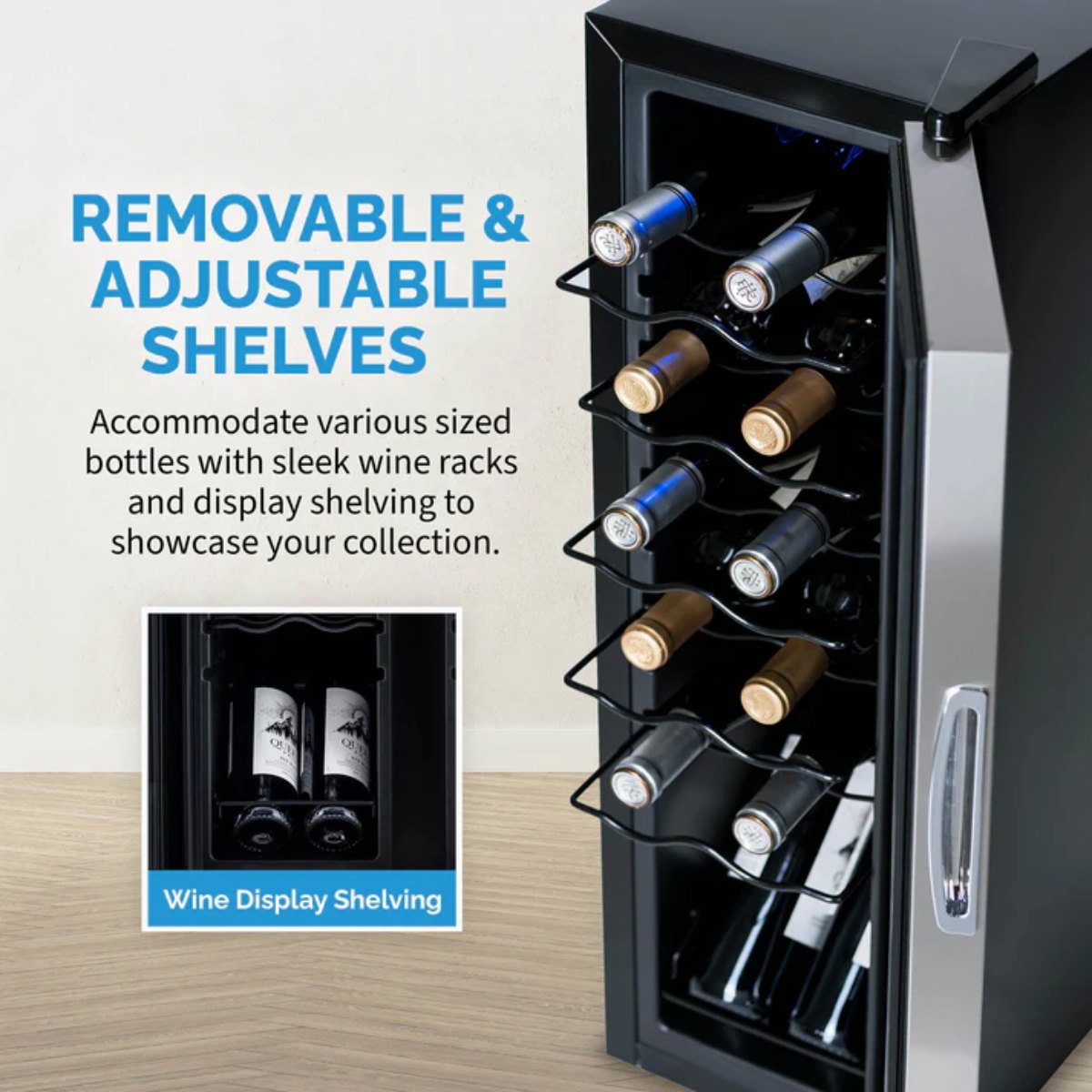 Newair 12 Bottle Freestanding Wine Fridge – 9.9" Stainless Steel - Removable and Adjustable Shelves shown