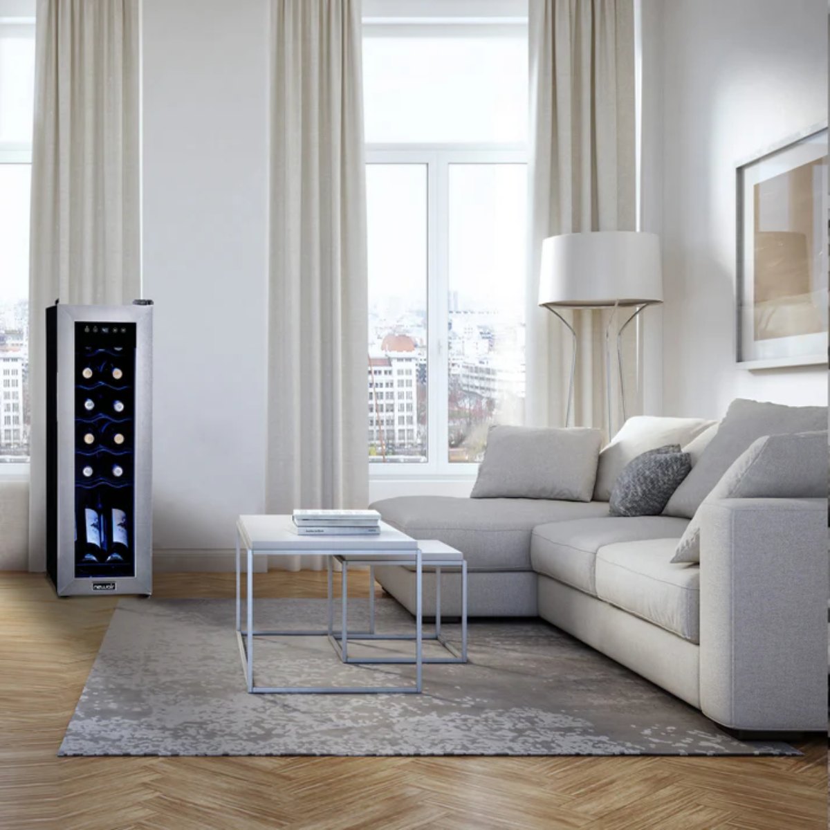 Newair 12 Bottle Freestanding Wine Fridge – 9.9" Stainless Steel - Wine Fridge shown in living room