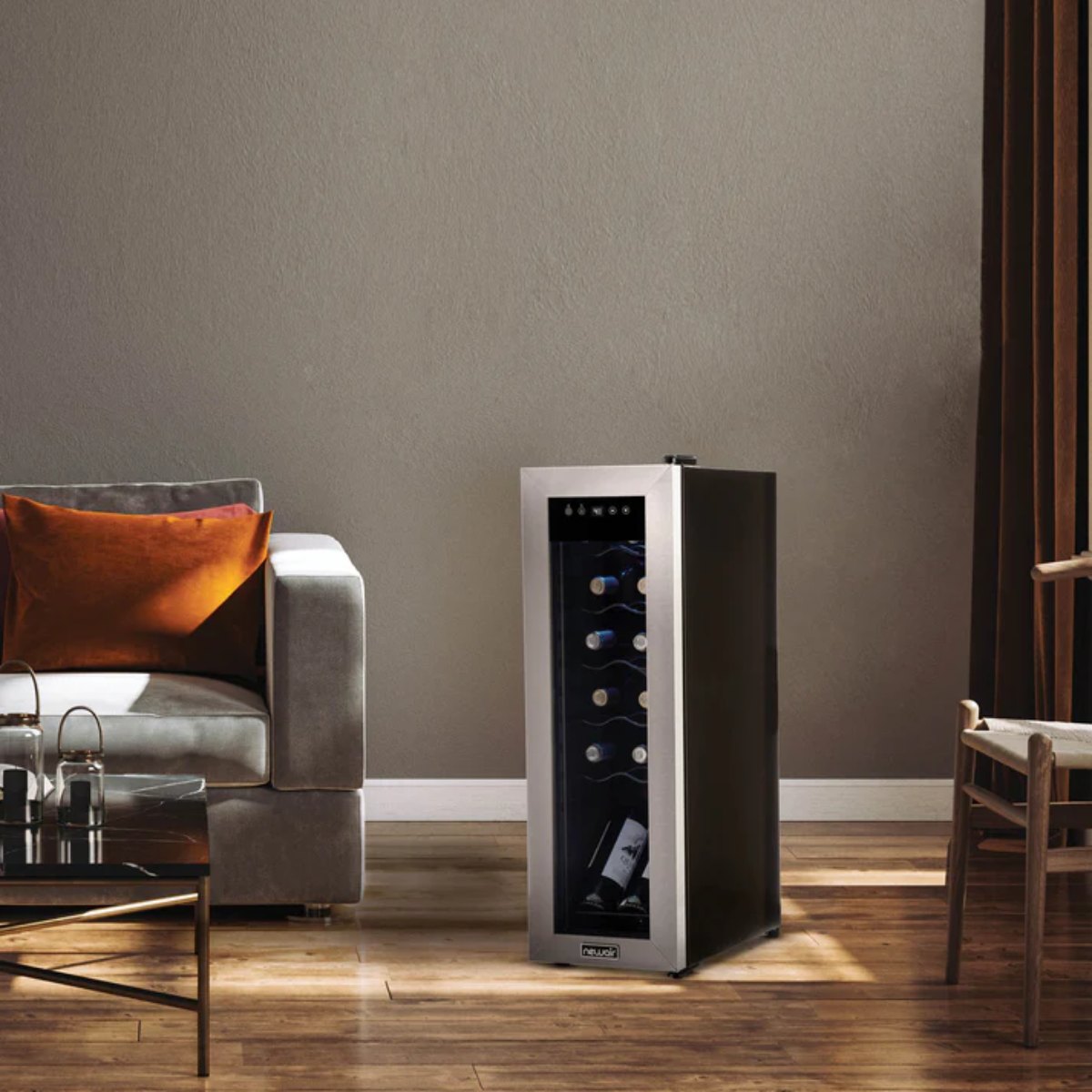 Newair 12 Bottle Freestanding Wine Fridge – 9.9" Stainless Steel - Wine Fridge shown in the living room
