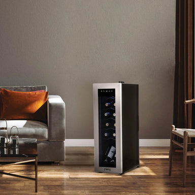 Newair 12 Bottle Freestanding Wine Fridge – 9.9" Stainless Steel - Wine Fridge shown in the living room