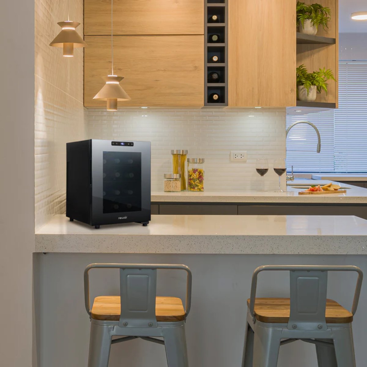Newair 12 Bottle Shadow-T Series Wine Fridge – 9.9" Black - Compact Fridge shown on top of the nook