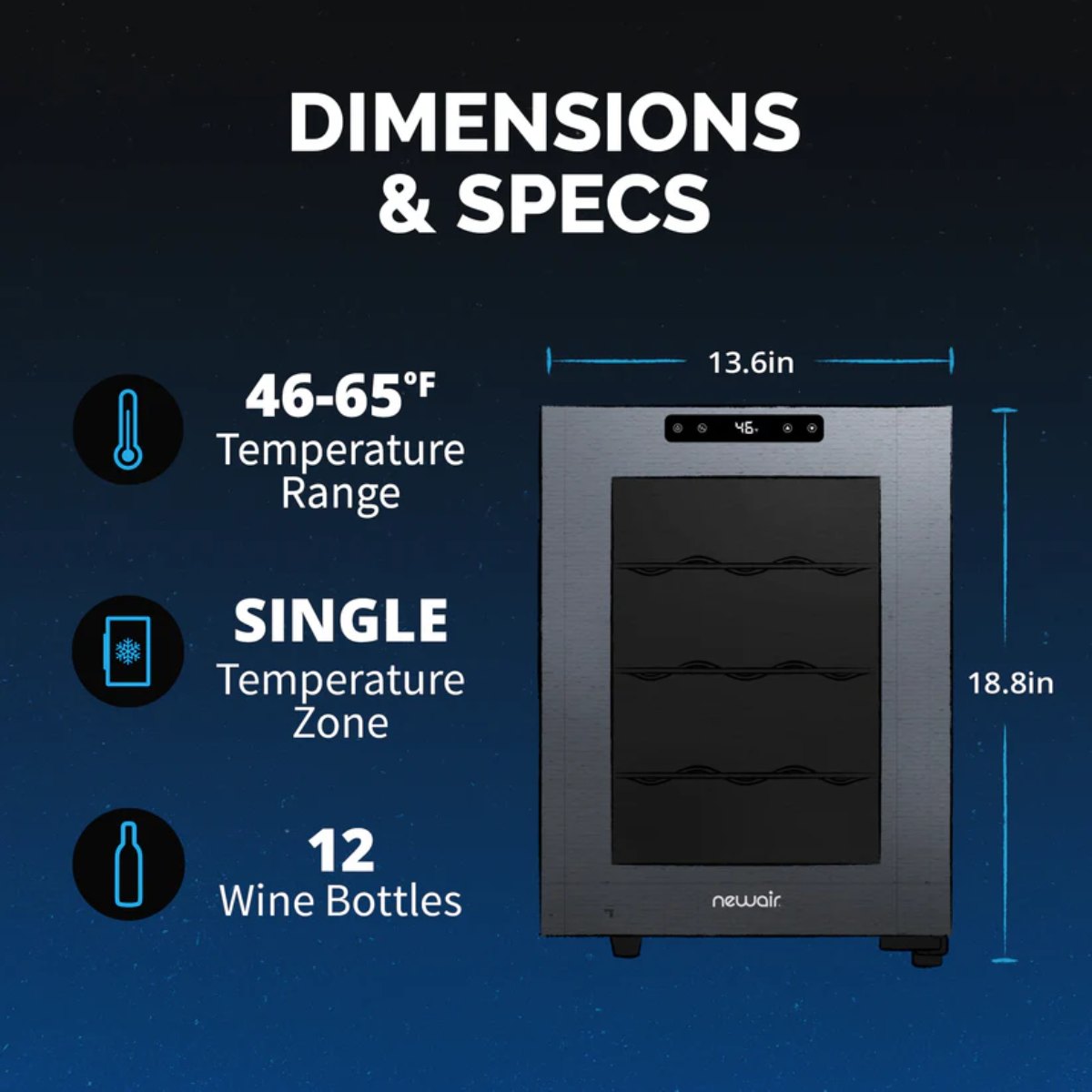 Newair 12 Bottle Shadow-T Series Wine Fridge – 9.9" Black - Dimensions and Specifications Shown