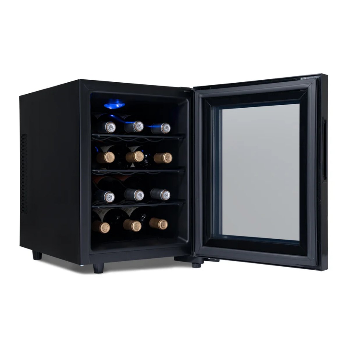 Newair 12 Bottle Shadow-T Series Wine Fridge – 9.9" Black - Front Left View - Open Door
