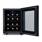 Newair 12 Bottle Shadow-T Series Wine Fridge – 9.9" Black - Front View - Open Door
