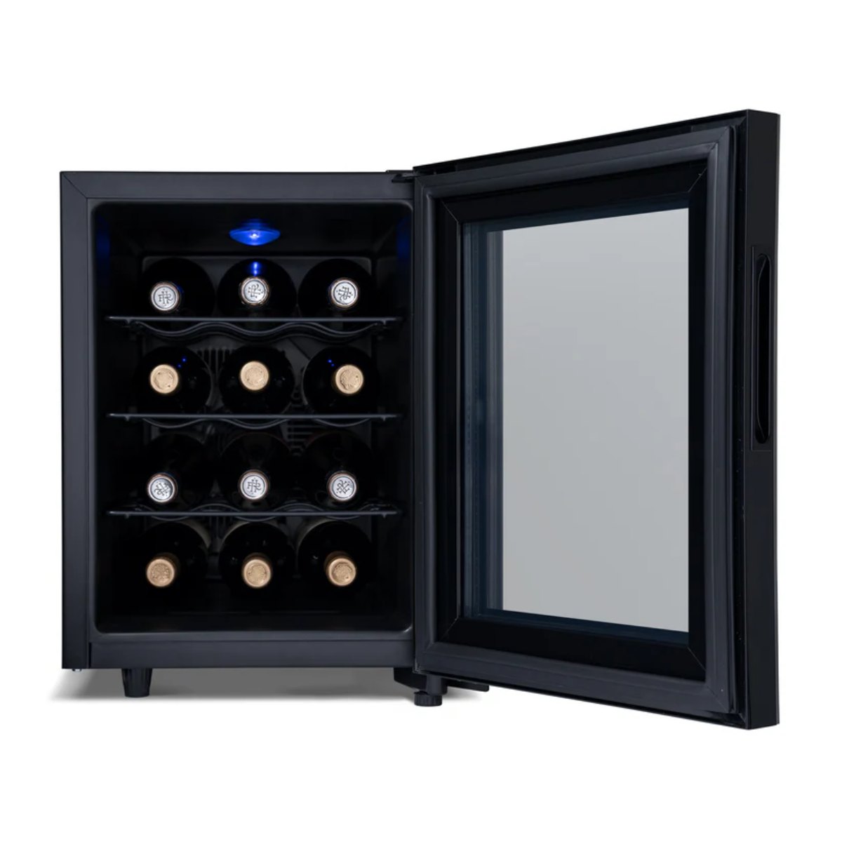 Newair 12 Bottle Shadow-T Series Wine Fridge – 9.9" Black - Front View - Open Door
