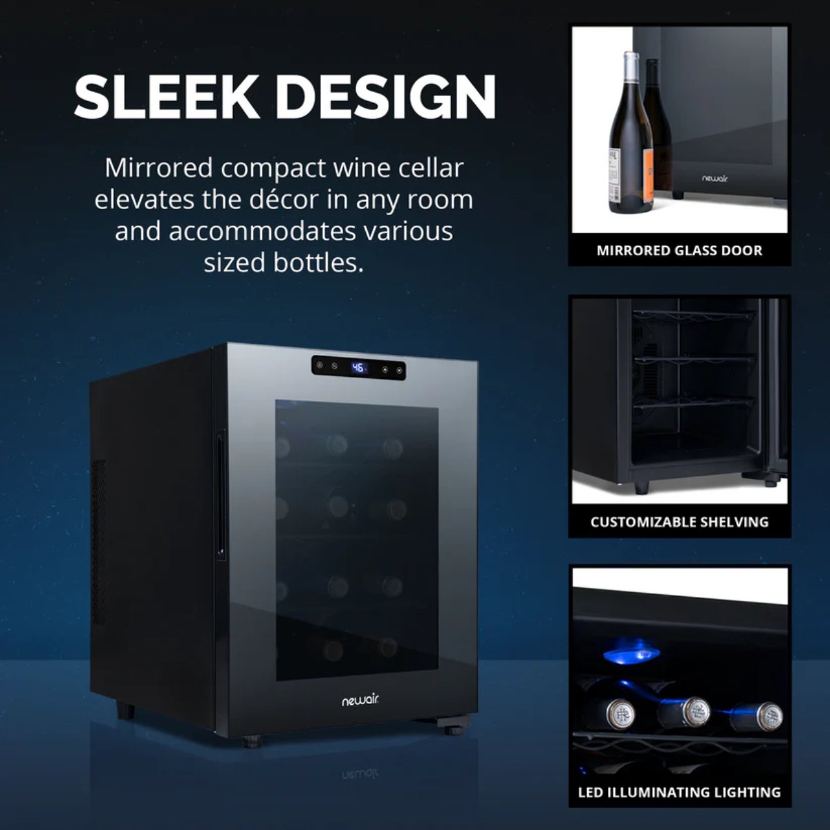 Newair 12 Bottle Shadow-T Series Wine Fridge – 9.9" Black - Sleek Design of the Fridge showing features
