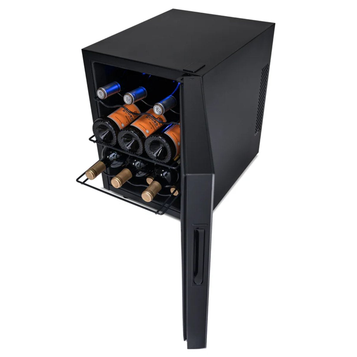 Newair 12 Bottle Shadow-T Series Wine Fridge – 9.9" Black - Top View with Wines shown - Opened