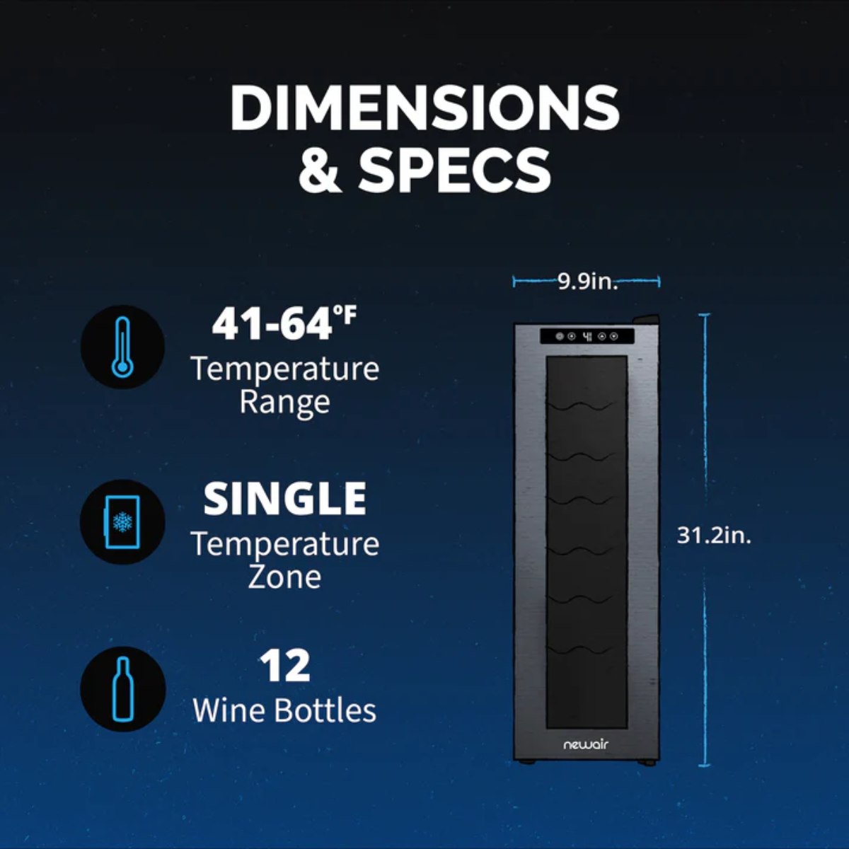 Newair 12 Bottle Shadow Series Countertop Wine Fridge – 13.6" Black - Dimensions and Specifications
