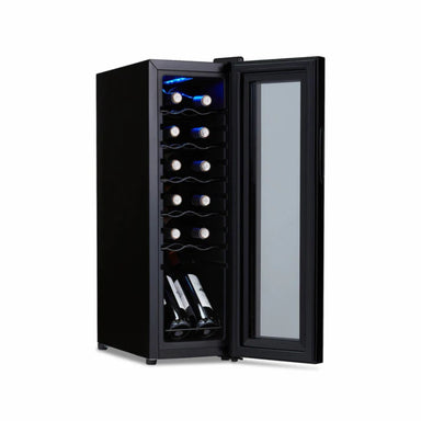 Newair 12 Bottle Shadow Series Countertop Wine Fridge – 13.6" Black - Front Left Studio Image - Loaded - Opened