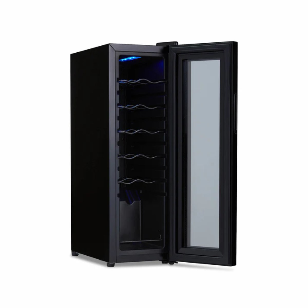 Newair 12 Bottle Shadow Series Countertop Wine Fridge – 13.6" Black - Front Left View Studio Image - Empty - Opened