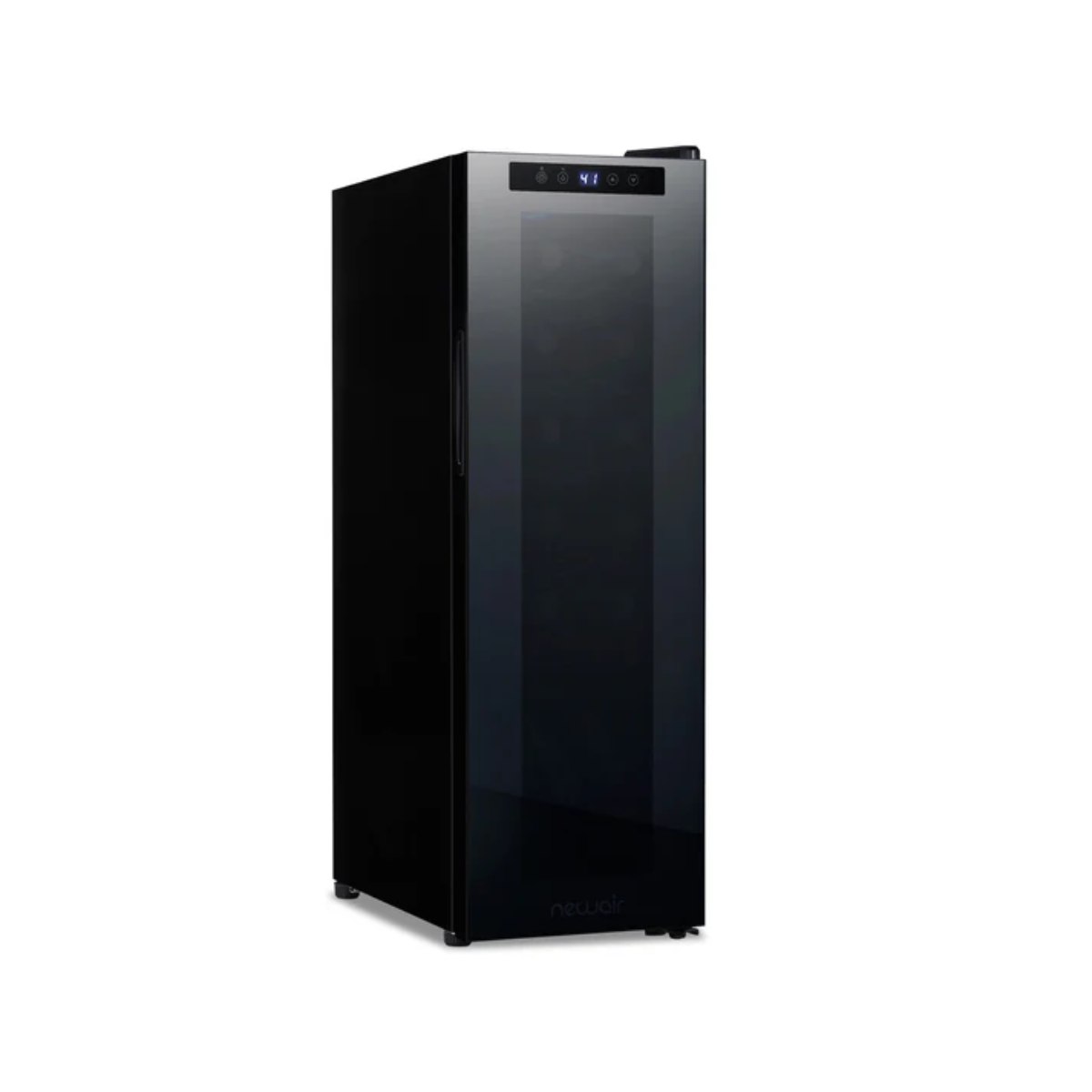 Newair 12 Bottle Shadow Series Countertop Wine Fridge – 13.6" Black - Front Left View Studio Image - Loaded Inside