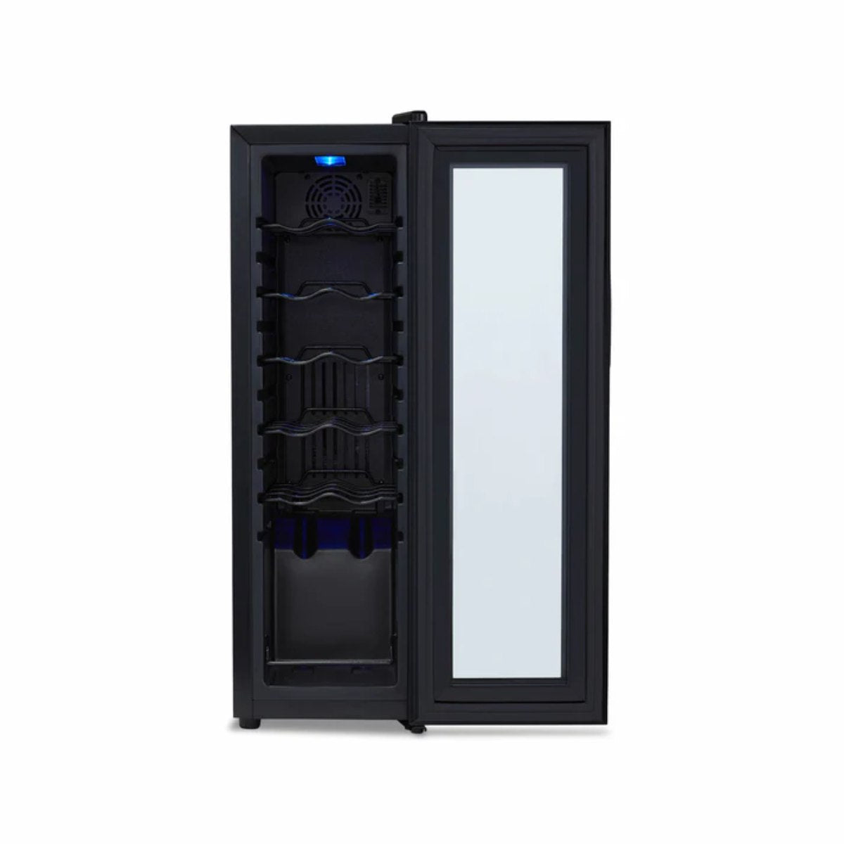 Newair 12 Bottle Shadow Series Countertop Wine Fridge – 13.6" Black - Front View Studio Image - Empty - Opened