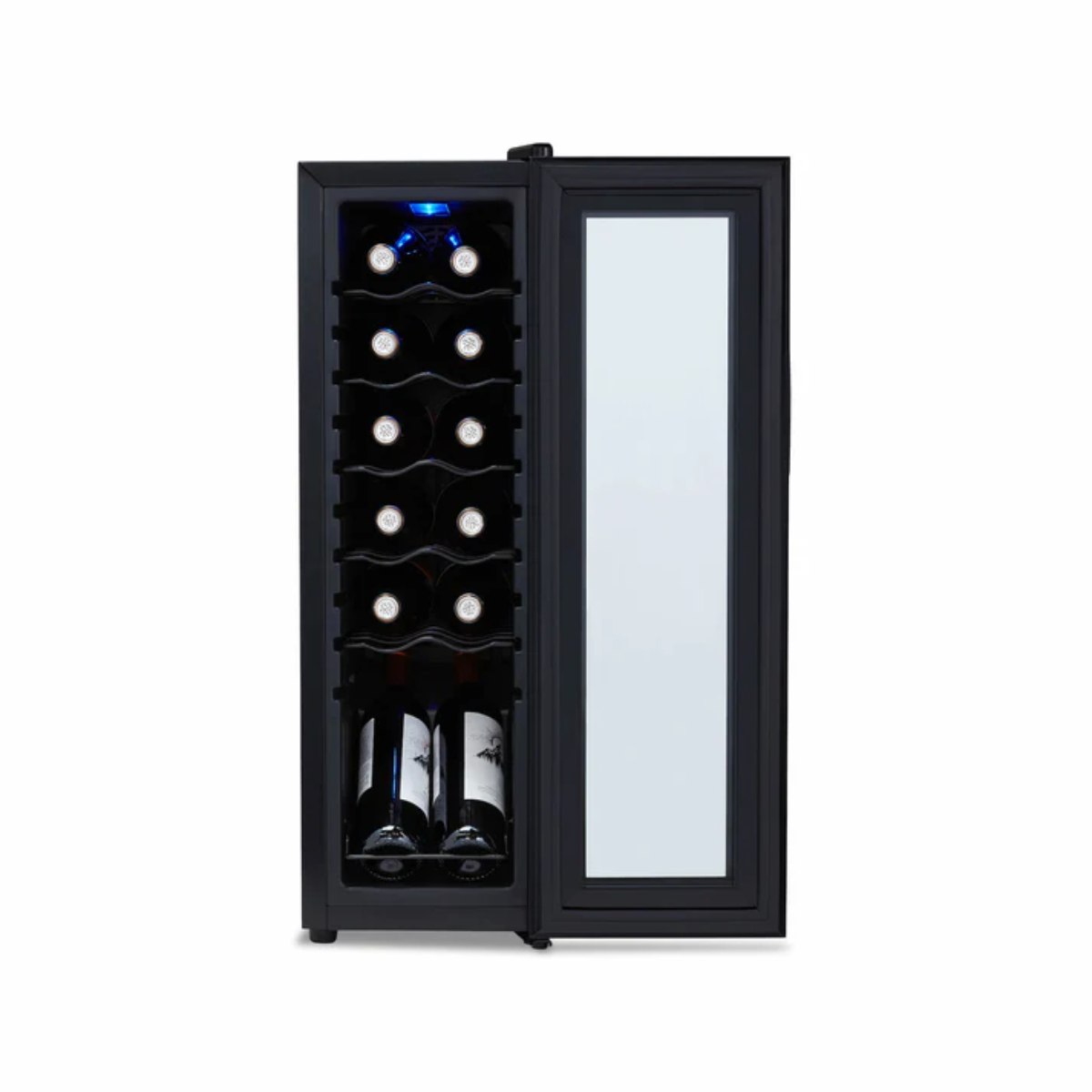 Newair 12 Bottle Shadow Series Countertop Wine Fridge – 13.6" Black - Front View Studio Image - Loaded - Opened