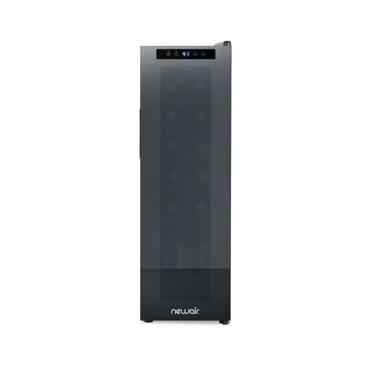 Newair 12 Bottle Shadow Series Countertop Wine Fridge – 13.6" Black - Front View Studio Image - Loaded Inside